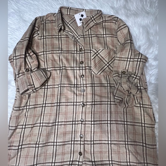New Plaid Button Up Shacket Dress With Roll Up Sleeves - Picture 8 of 9